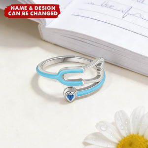 Personalized Multicolor Enamel Stethoscope Heart Birthstone Ring - Gift For Nurses