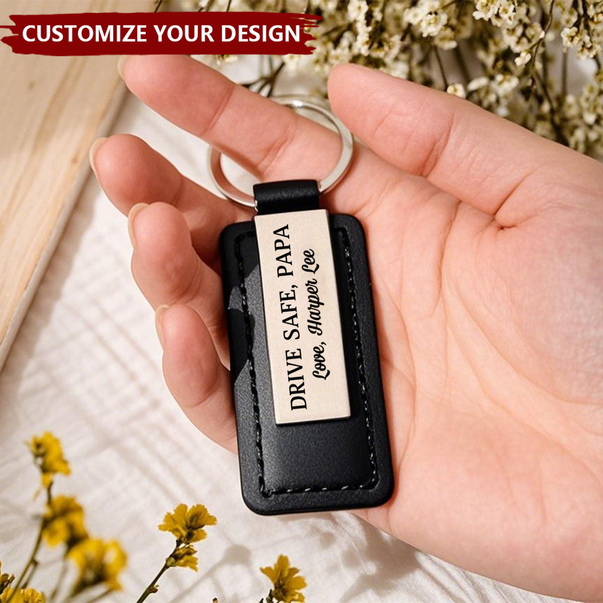 Personalized Metal With Leather Keychain Drive Safe, Daddy, Gift For Dad Grandpa,For Men Father's Day Gift