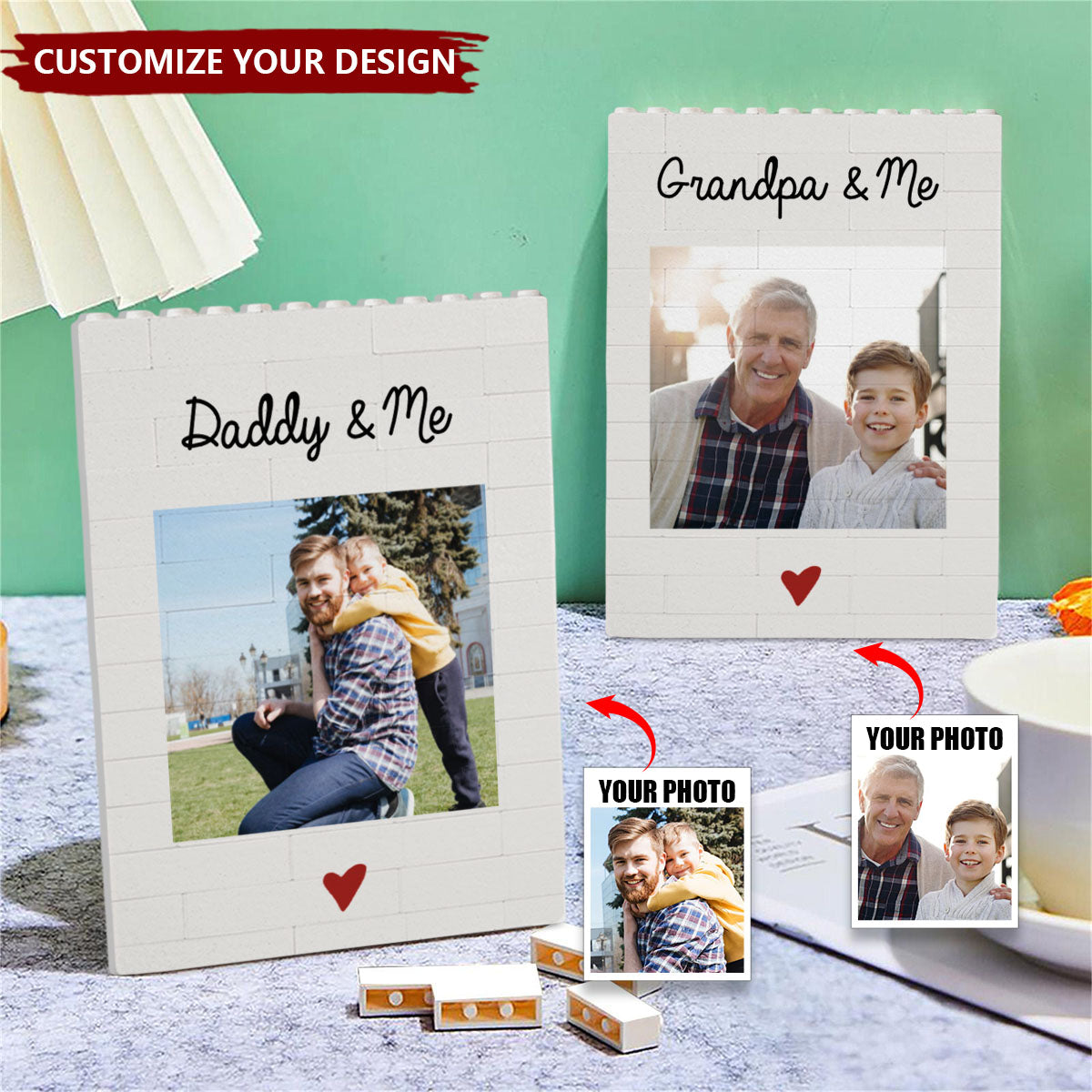Personalized Kids & Parents Building Memory Fold Photo Brick Puzzle With Text - Office Desktop Decor Father's Day Gift For New Dads