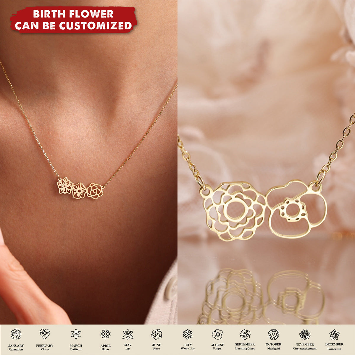 Personalized Dainty Birth Flower Necklace -12 Flower Shapes For Customization | Exclusive gift Birthday,Christmas,Anniversary For Mom For Girlfriend