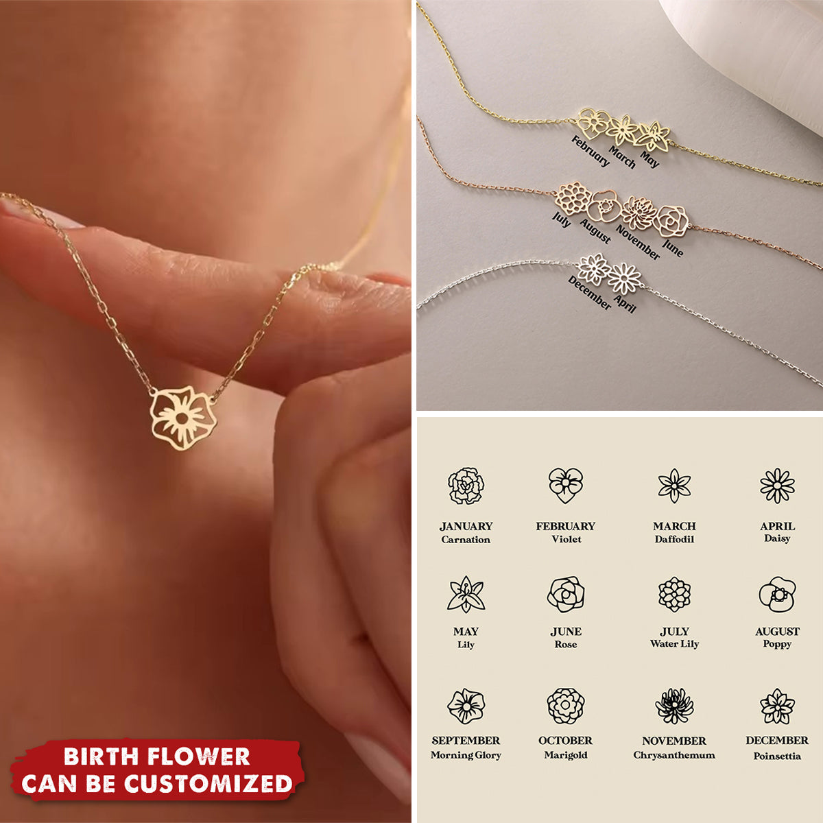 Personalized Dainty Birth Flower Necklace -12 Flower Shapes For Customization | Exclusive gift Birthday,Christmas,Anniversary For Mom For Girlfriend