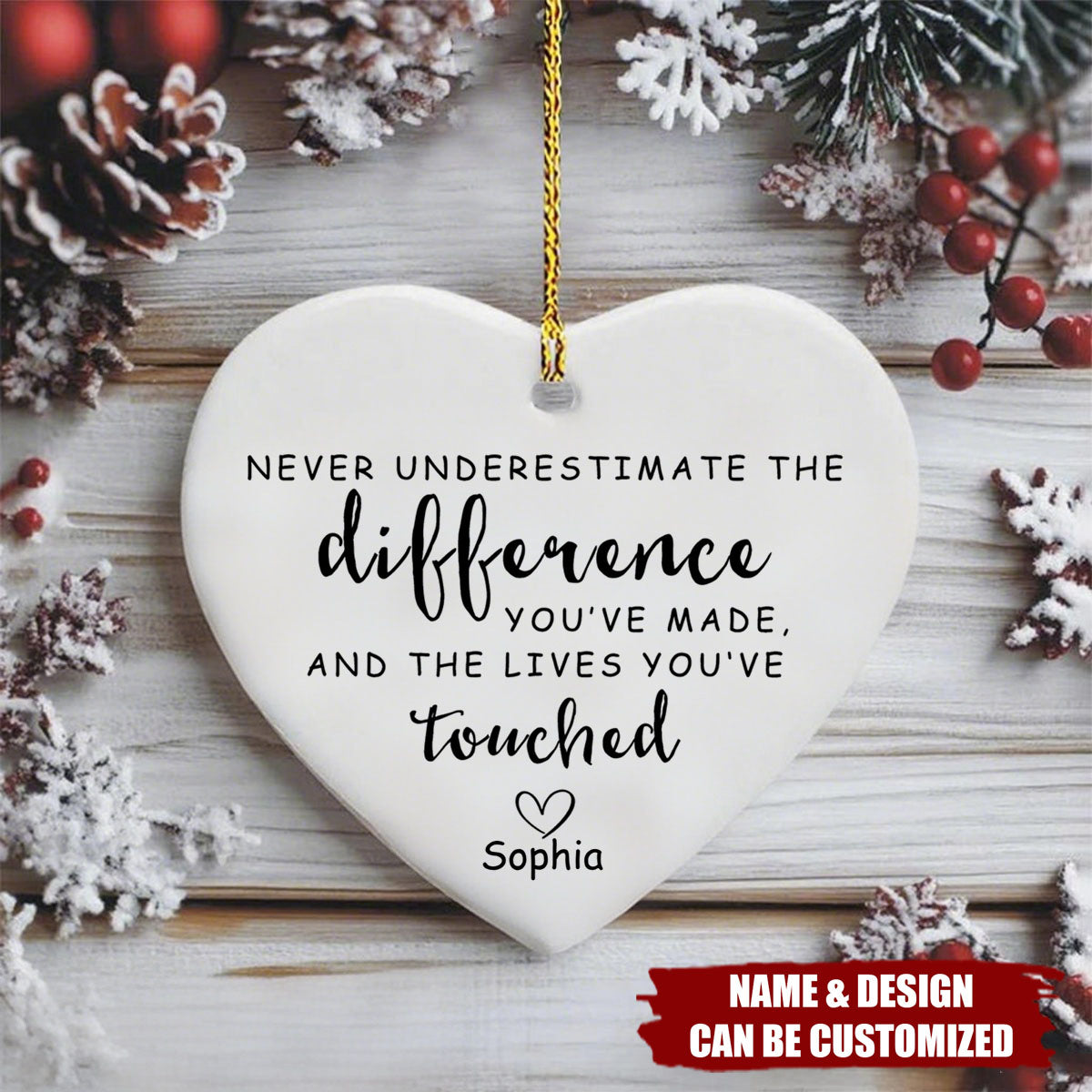 Personalized Ceramic Heart Ornament -"Never Underestimate The Difference You Made" Custom Name | Meaningful Retirement Appreciation Gift