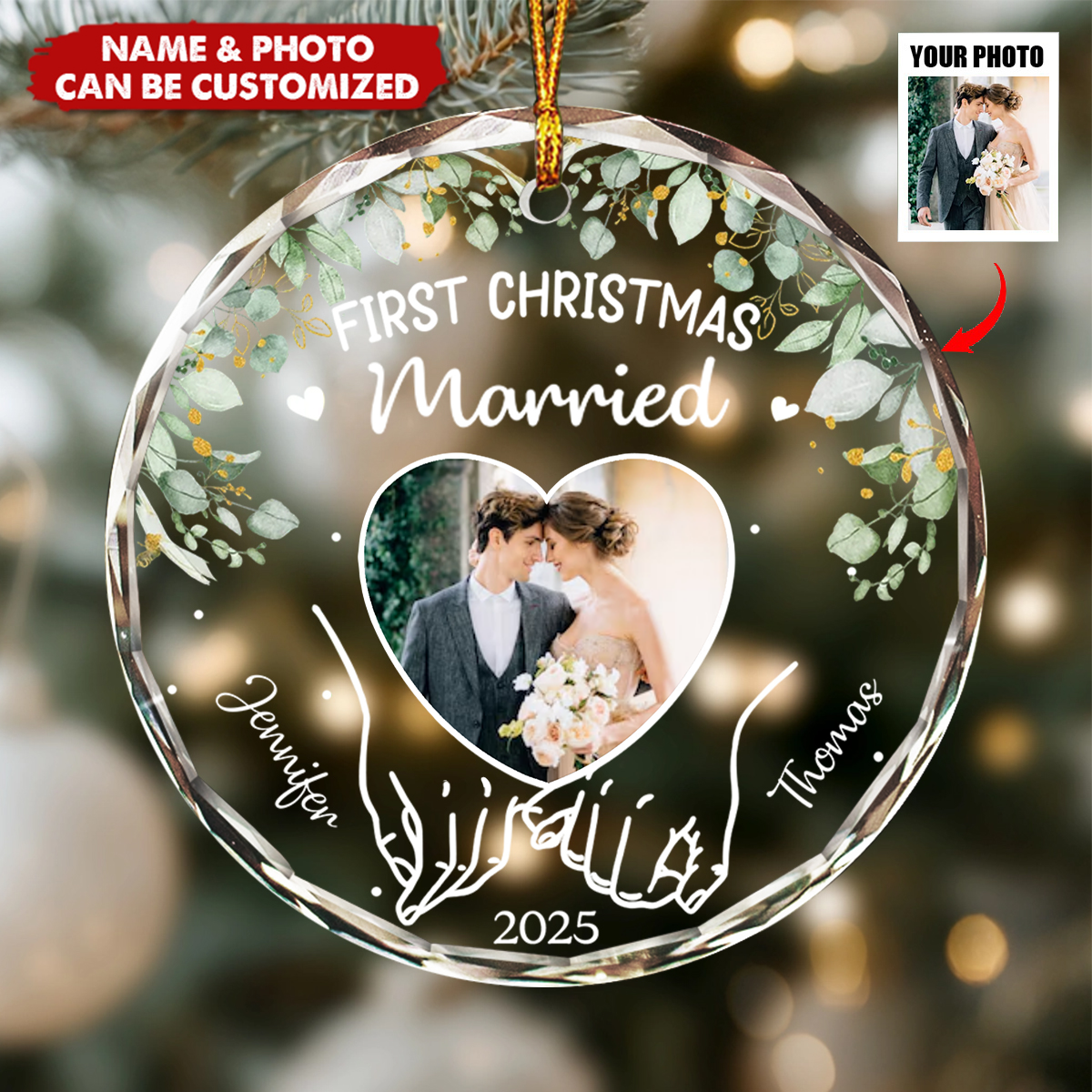 Personalized Photo First Christmas Married Ornament With Name & Photo | Exclusive Wedding & Anniversary Gift For Couples & Newlyweds