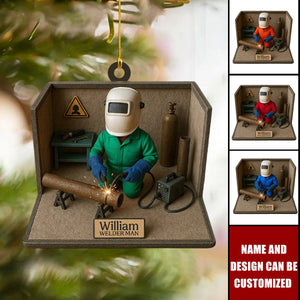 Custom Welder Christmas Ornament - Personalized Name Welding Scene Xmas Decor | Engraved Gift For Welders, Metal Fabricators & Mechanics