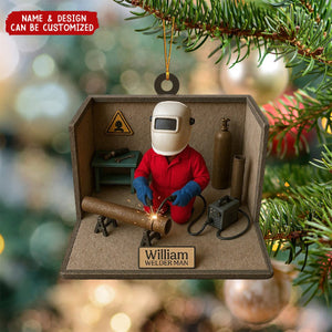 Custom Welder Christmas Ornament - Personalized Name Welding Scene Xmas Decor | Engraved Gift For Welders, Metal Fabricators & Mechanics