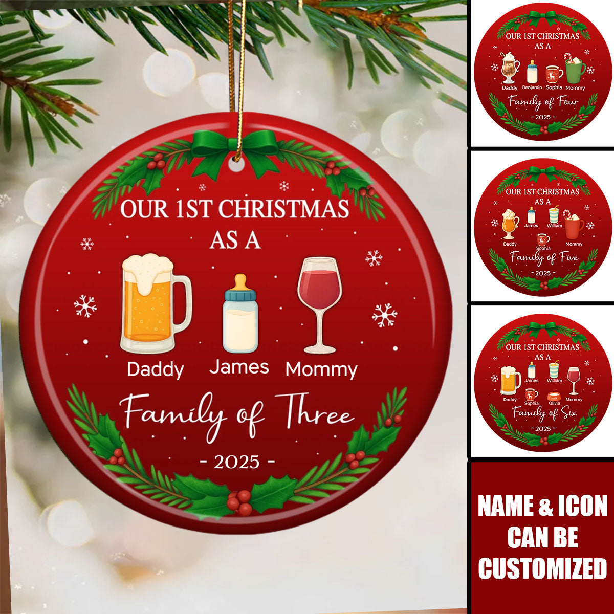 Personalized "Our First Christmas As A Family" Ceramic Ornament With Name & Icon,Heartfelt Christmas Gift To Celebrate Become Family
