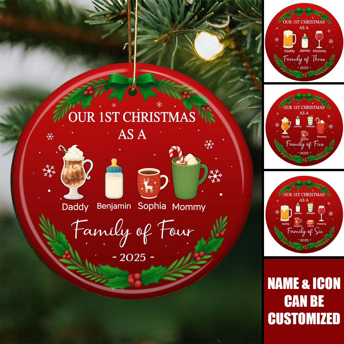 Personalized "Our First Christmas As A Family" Ceramic Ornament With Name & Icon,Heartfelt Christmas Gift To Celebrate Become Family