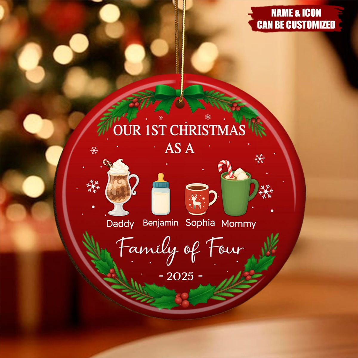 Personalized "Our First Christmas As A Family" Ceramic Ornament With Name & Icon,Heartfelt Christmas Gift To Celebrate Become Family