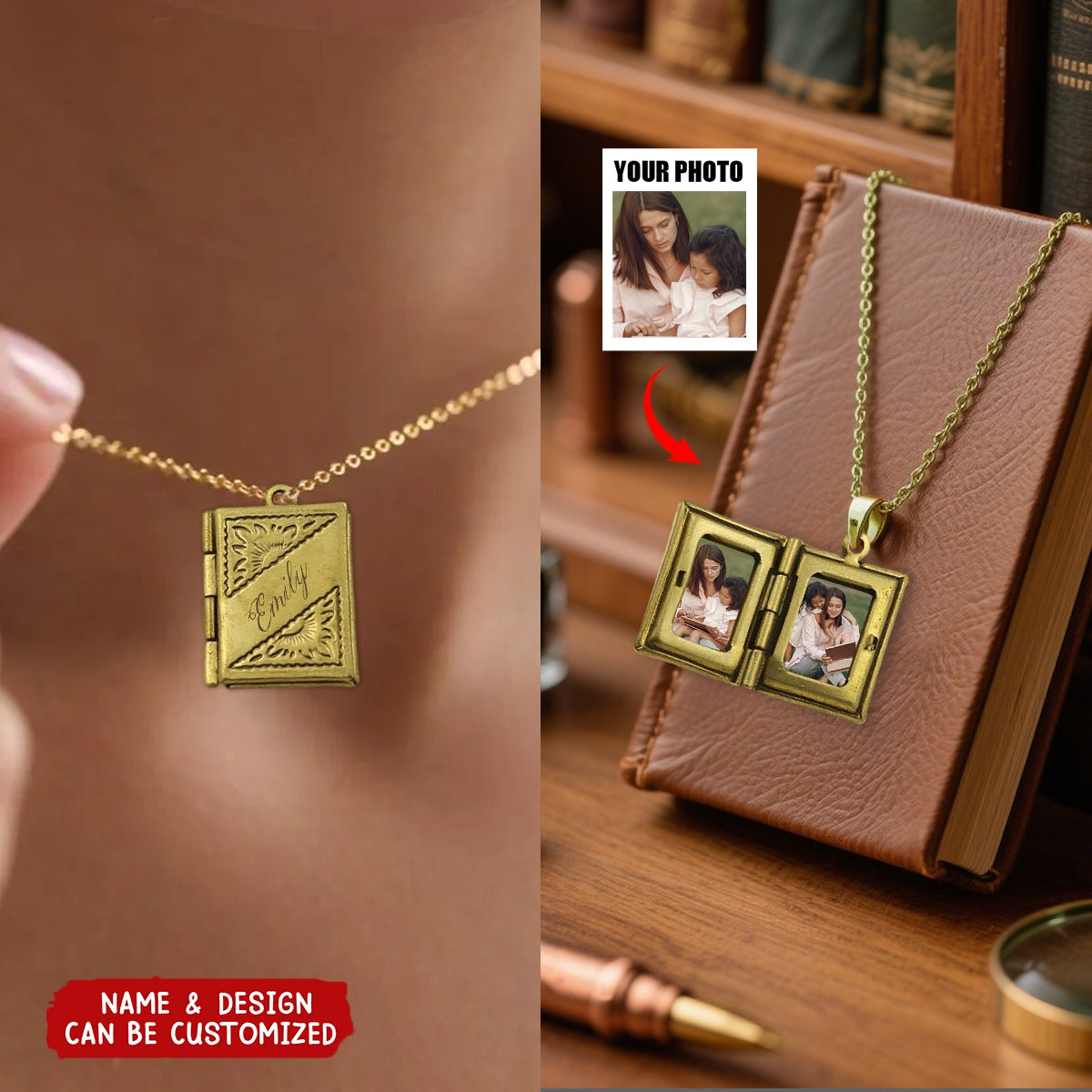 Personalized Book Locket Message Necklace With Name & Photos Wear Love and Memories Around For Daughter