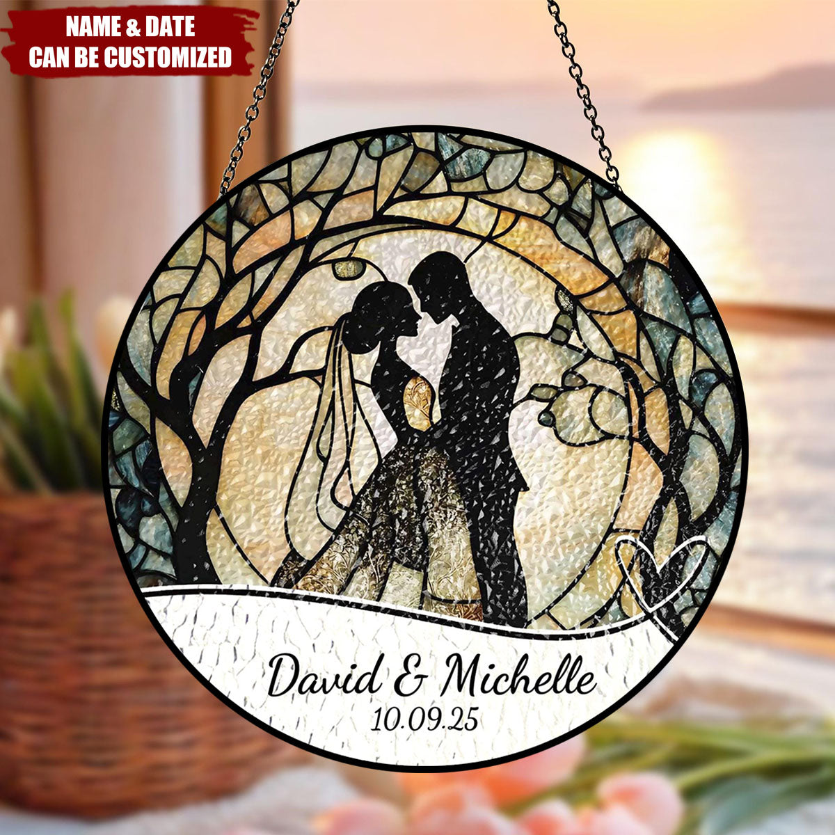Personalized Wedding Stained Glass Suncatcher Ornament With Couple Names & Year - Wedding Anniversary Gift For Newlyweds