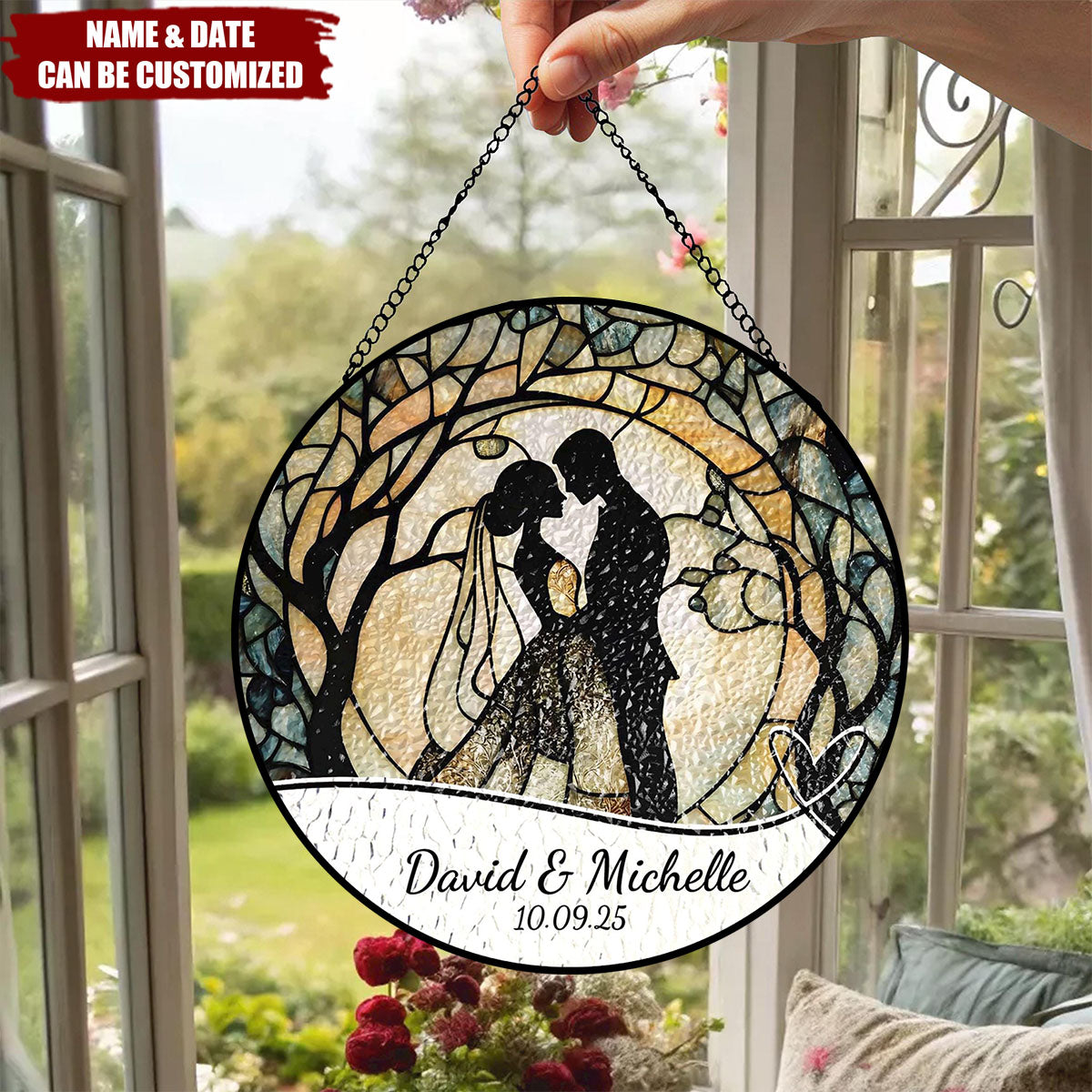 Personalized Wedding Stained Glass Suncatcher Ornament With Couple Names & Year - Wedding Anniversary Gift For Newlyweds