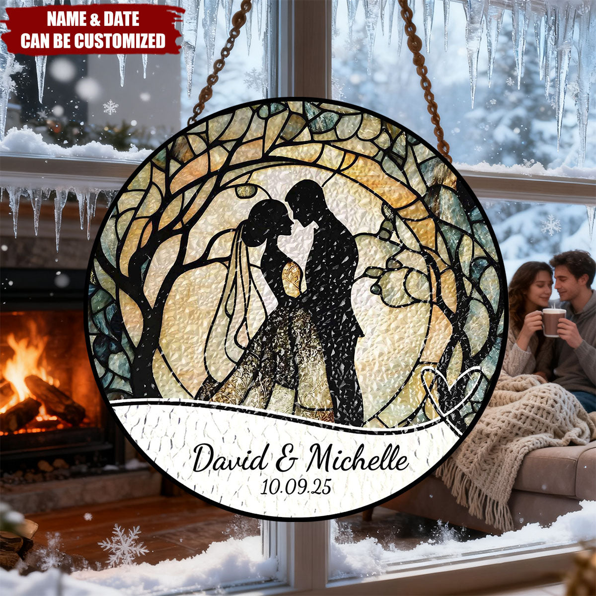 Personalized Wedding Stained Glass Suncatcher Ornament With Couple Names & Year - Wedding Anniversary Gift For Newlyweds