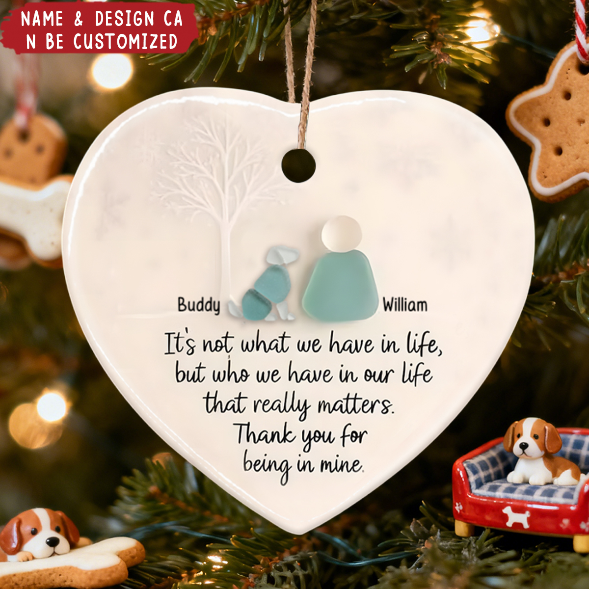 Personalized Pet & Owner Ceramic Heart Ornament With Names Thank You For Being In Mine - Unique Thank You Gift For Pet Lover
