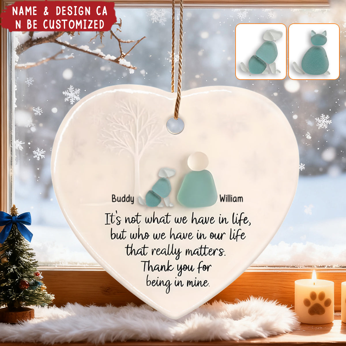 Personalized Pet & Owner Ceramic Heart Ornament With Names Thank You For Being In Mine - Unique Thank You Gift For Pet Lover