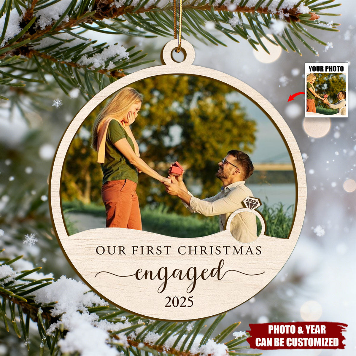 Personalized Our First Christmas Engaged Photo Wooden Ornament Romantic Anniversary Christmas Gift For Couple Newlyweds