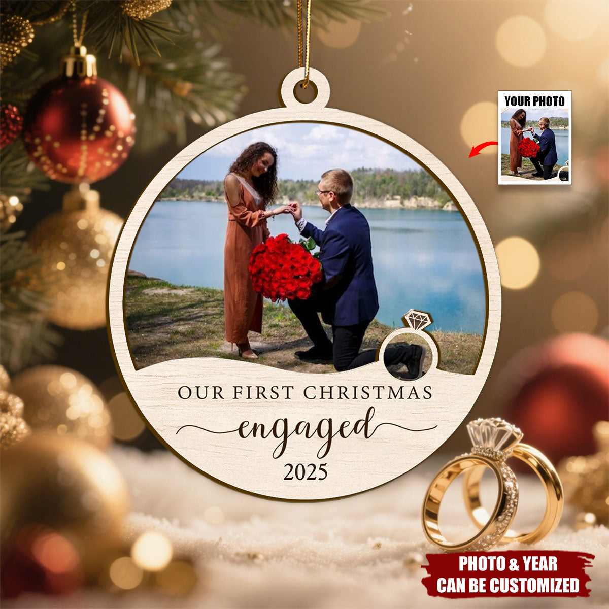 Personalized Our First Christmas Engaged Photo Wooden Ornament Romantic Anniversary Christmas Gift For Couple Newlyweds