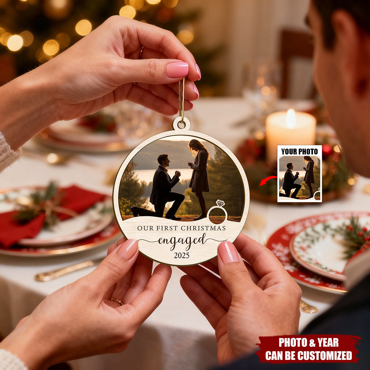 Personalized Our First Christmas Engaged Photo Wooden Ornament Romantic Anniversary Christmas Gift For Couple Newlyweds