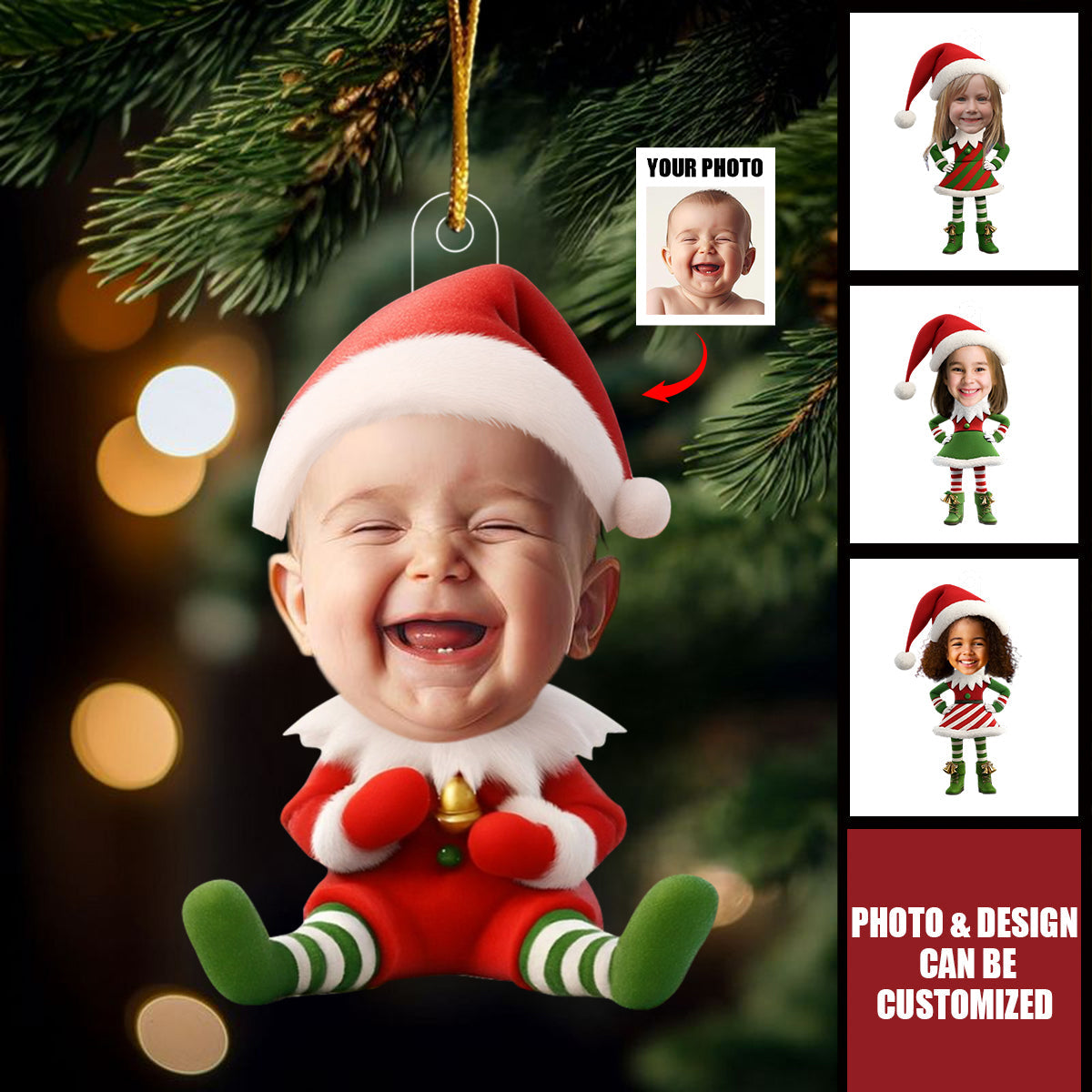 Personalized Face Baby Elf Christmas Ornament With Photo & Santa Hat | Hilarious Gift For New Parents Grandparents
