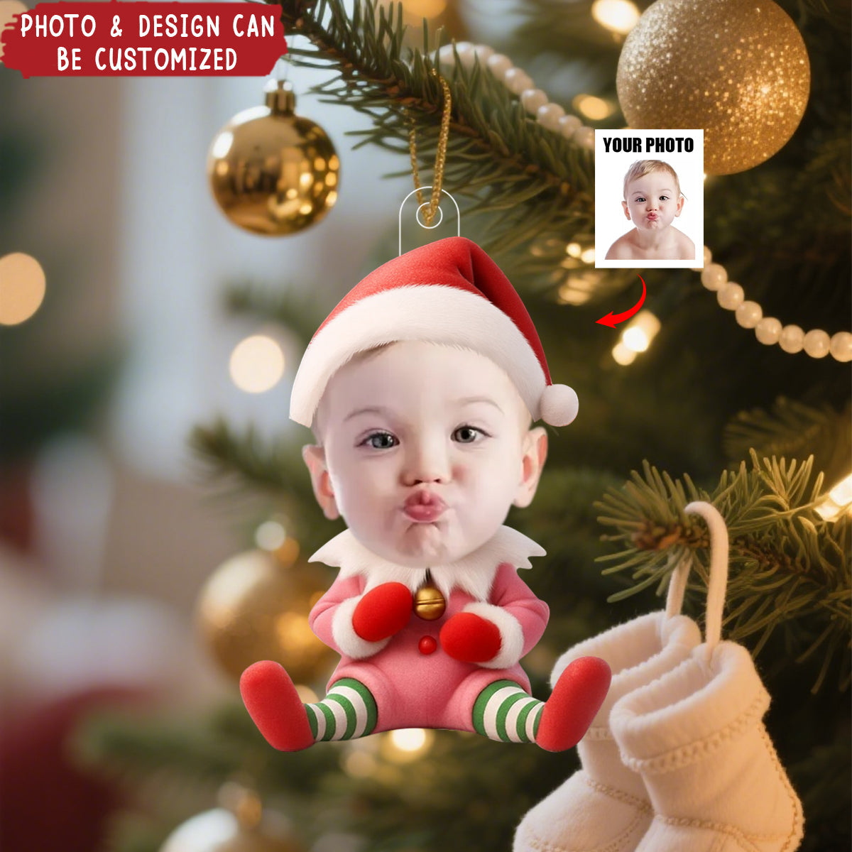 Personalized Face Baby Elf Christmas Ornament With Photo & Santa Hat | Hilarious Gift For New Parents Grandparents