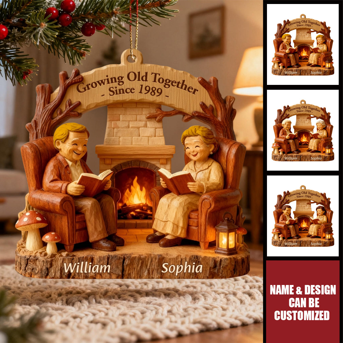 Customized Cozy Fireplace Couple Keepsake Ornament Acrylic  - Perfect For Grandparents Christmas Gift Anniversary Gift