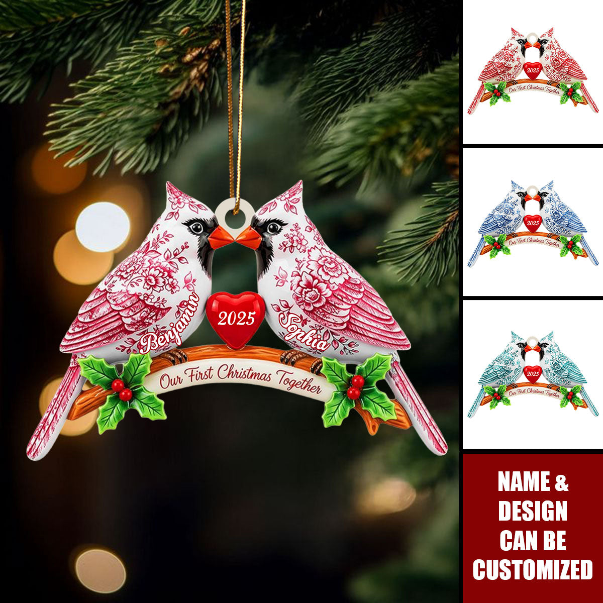 Personalized Toile De Jouy Love Bird Acrylic Ornament With Names & Year - Christmas | Engagement | Anniversary Gift For Couple