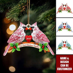 Personalized Toile De Jouy Love Bird Acrylic Ornament With Names & Year - Christmas | Engagement | Anniversary Gift For Couple