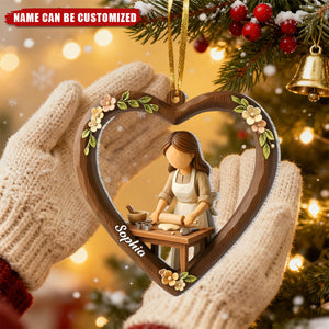 Personalized Rustic Girl Baking Heart-Shaped Acrylic Ornament With Name - Mother’s Day Gift Christmas For Baker & Mom