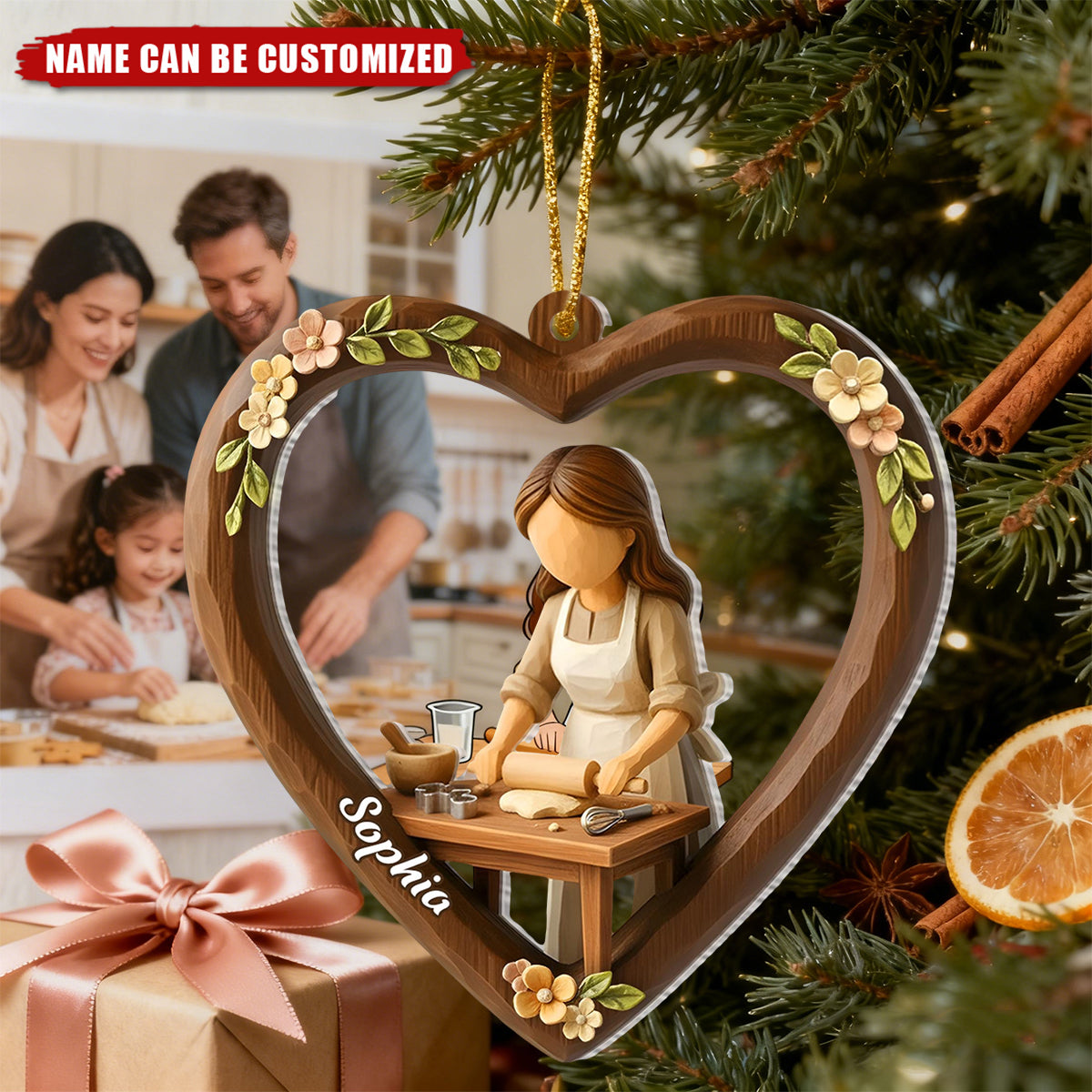 Personalized Rustic Girl Baking Heart-Shaped Acrylic Ornament With Name - Mother’s Day Gift Christmas For Baker & Mom