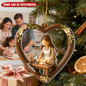 Personalized Rustic Girl Baking Heart-Shaped Acrylic Ornament With Name - Mother’s Day Gift Christmas For Baker & Mom