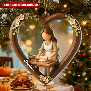 Personalized Rustic Girl Baking Heart-Shaped Acrylic Ornament With Name - Mother’s Day Gift Christmas For Baker & Mom