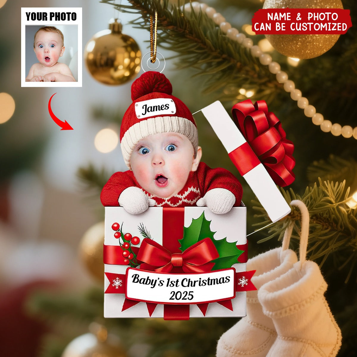 Personalized Baby's First Christmas Photo Acrylic Ornament With Custom Name & Photo & Year & Quote | Xmas Gift For New Parents Kids