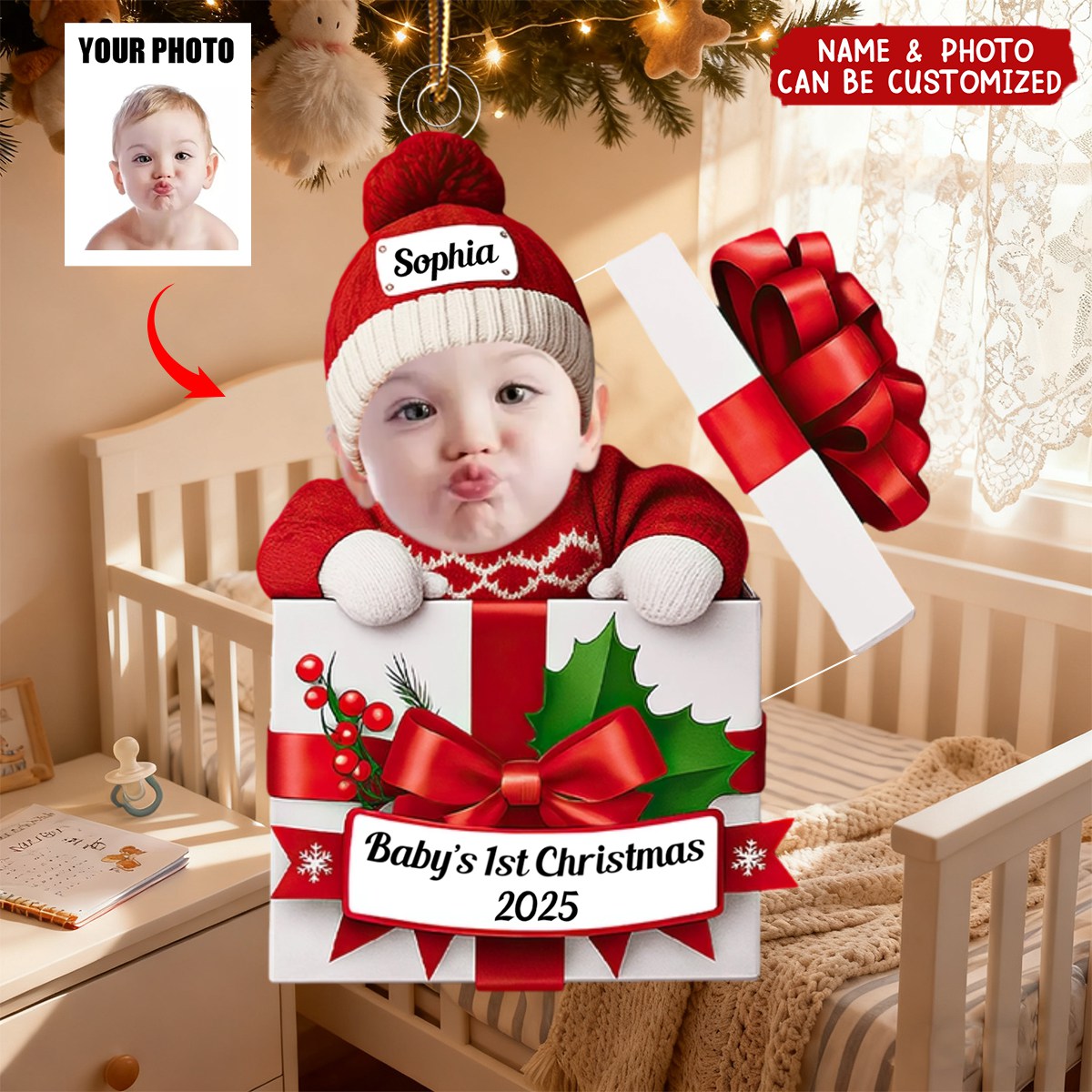 Personalized Baby's First Christmas Photo Acrylic Ornament With Custom Name & Photo & Year & Quote | Xmas Gift For New Parents Kids