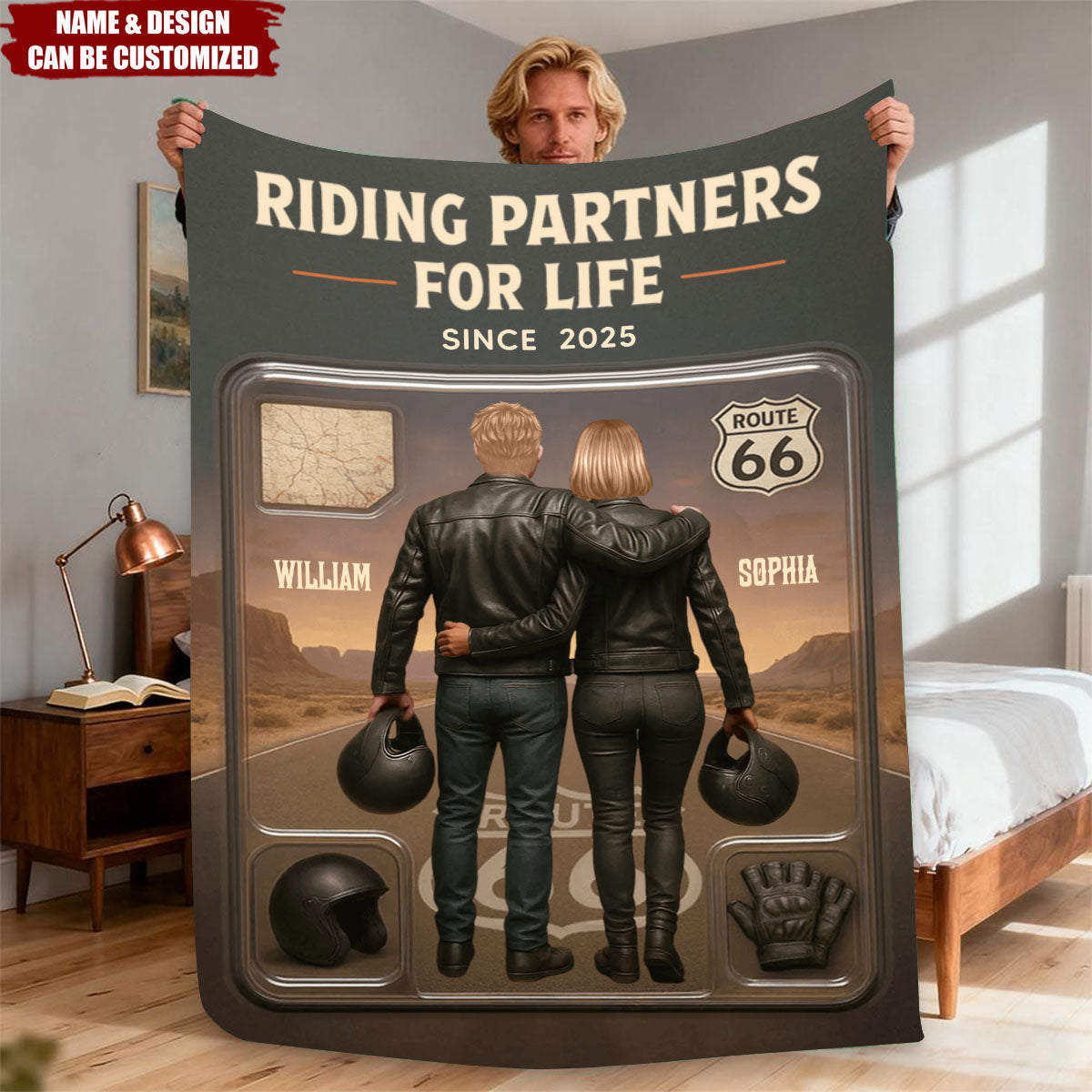 Personalized Figure Couple Biker Blanket With Names & Year & Design | Anniversary Valentine's Day Gift For Motorcycle Loving Couples