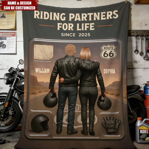 Personalized Figure Couple Biker Blanket With Names & Year & Design | Anniversary Valentine's Day Gift For Motorcycle Loving Couples