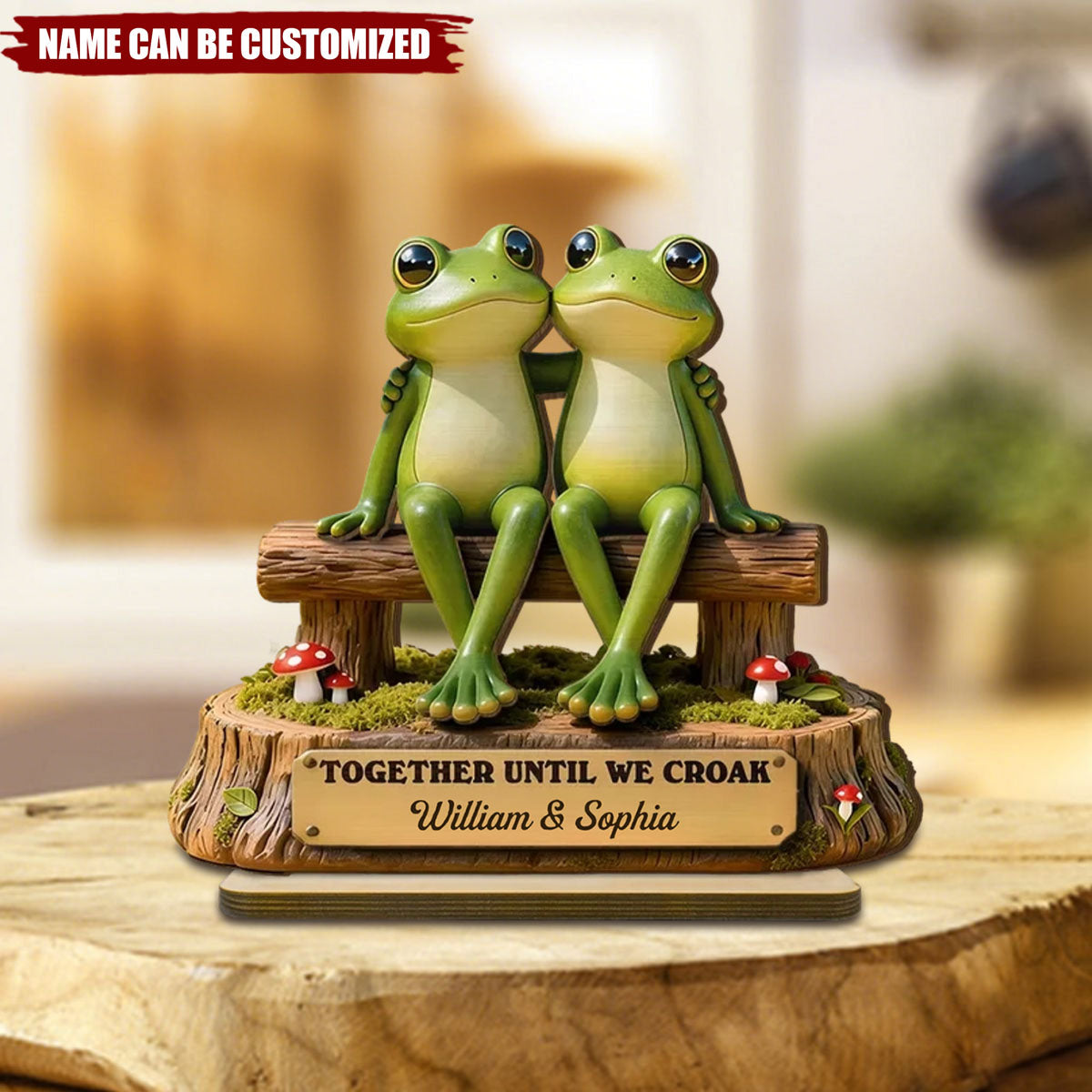 Personalized Cottagecore Retro Aesthetic Frog Couple Wooden 3D Effect Plaque With Names - Valentine's Day Anniversary Gift For Nature Lovers