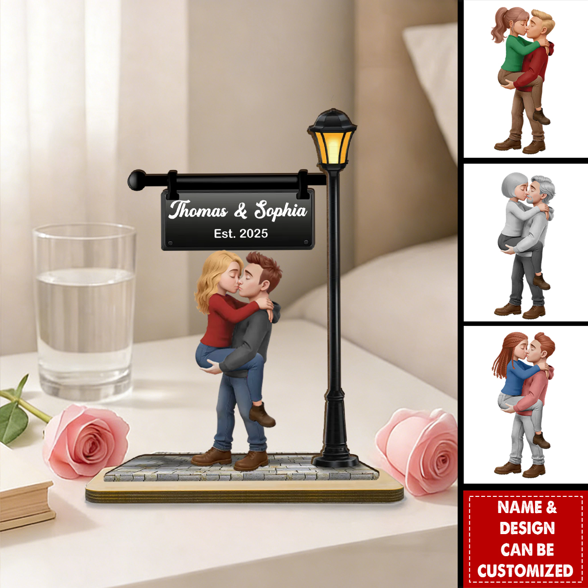 Personalized 3D Effect Cartoon Couple Kissing Under Street Lamp Wooden Plaque With Names & Date - Anniversary Valentine's Day Gift For Couples