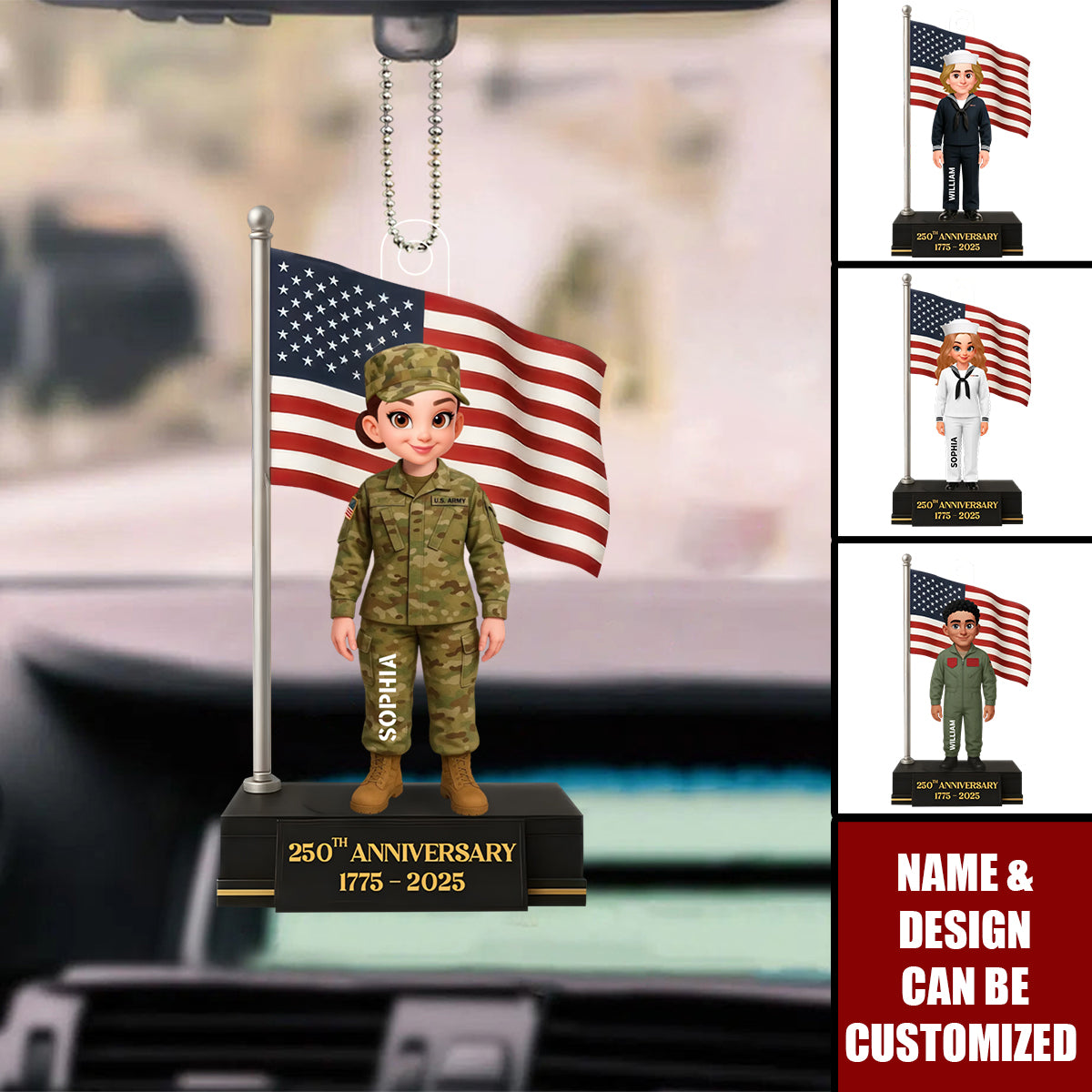Personalized 250th Anniversary Military Figure Car Ornament With Name & Army Uniform - Patriotic Veterans Day Gift For Soldiers