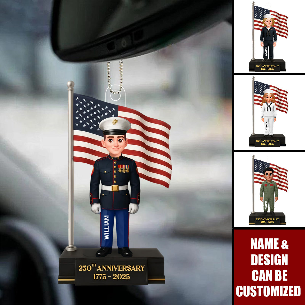 Personalized 250th Anniversary Military Figure Car Ornament With Name & Army Uniform - Patriotic Veterans Day Gift For Soldiers