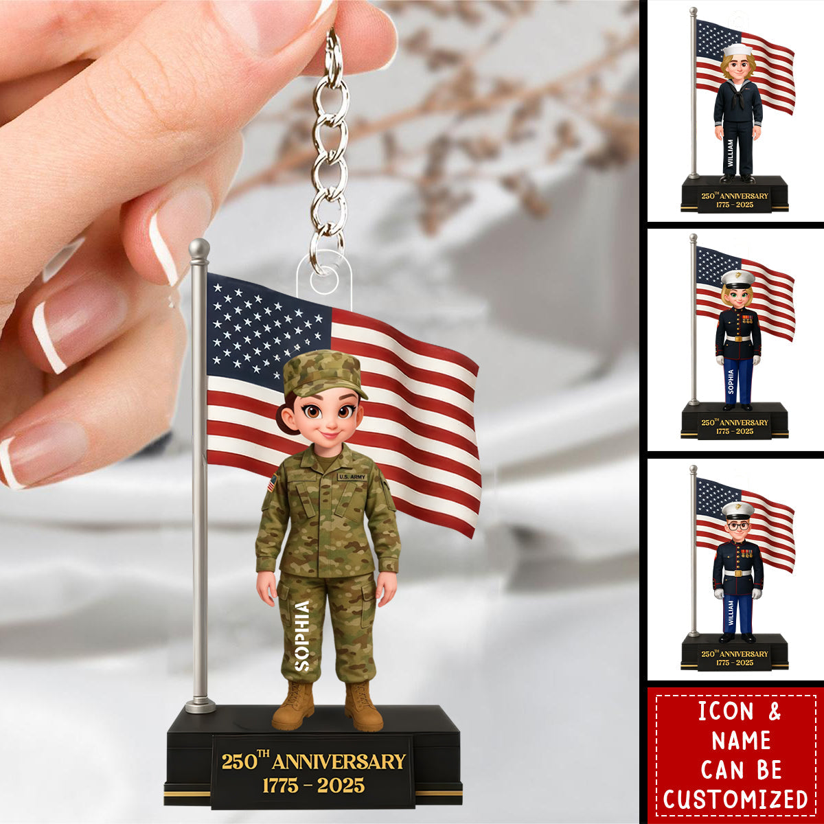 Personalized 3D Effect 250th Anniversary Military Action Figure Keychain With Icon & Name | Veterans Day Gift For Army Navy  Air Force Heroes