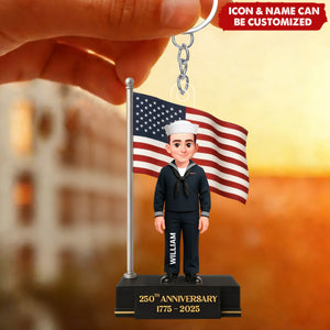 Personalized 3D Effect 250th Anniversary Military Action Figure Keychain With Icon & Name | Veterans Day Gift For Army Navy  Air Force Heroes