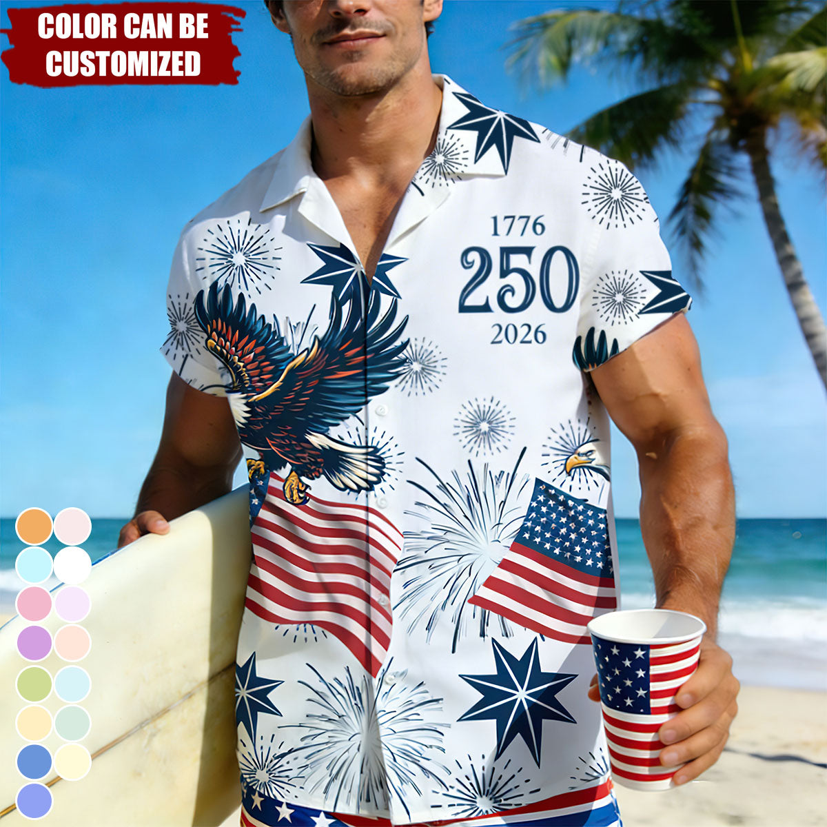 Personalized USA 250 Anniversary Eagle 1776-2026 Hawaii Shirt With Color | Patriotic 2026 Summer Beach Wear Gift For Men