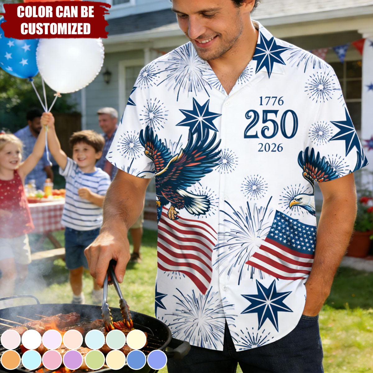Personalized USA 250 Anniversary Eagle 1776-2026 Hawaii Shirt With Color | Patriotic 2026 Summer Beach Wear Gift For Men