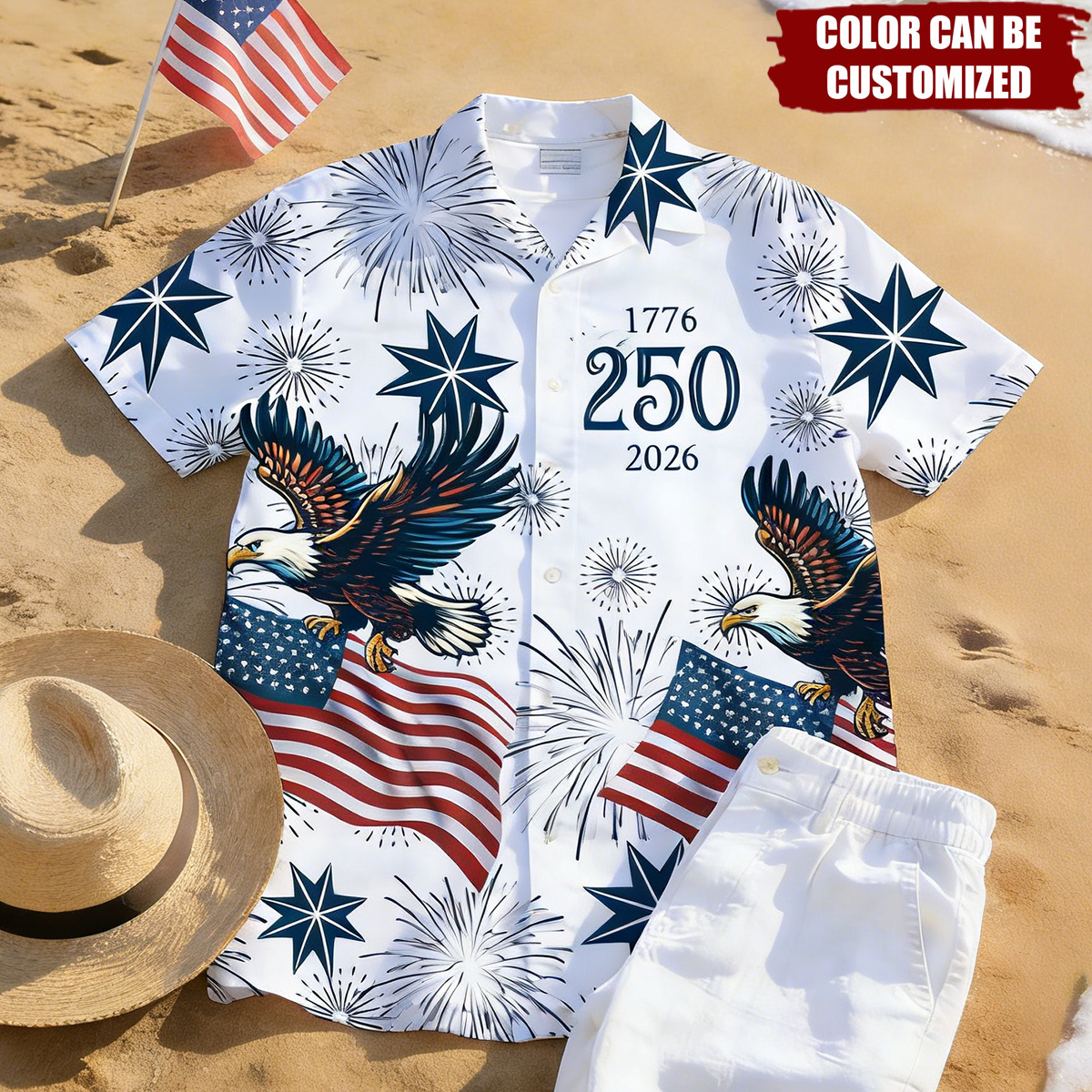 Personalized USA 250 Anniversary Eagle 1776-2026 Hawaii Shirt With Color | Patriotic 2026 Summer Beach Wear Gift For Men