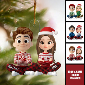 Personalized Cartoon Couple In Christmas Pajamas Acrylic Ornament - Perfect For Christmas Tree Decor Couple Keepsake Gift