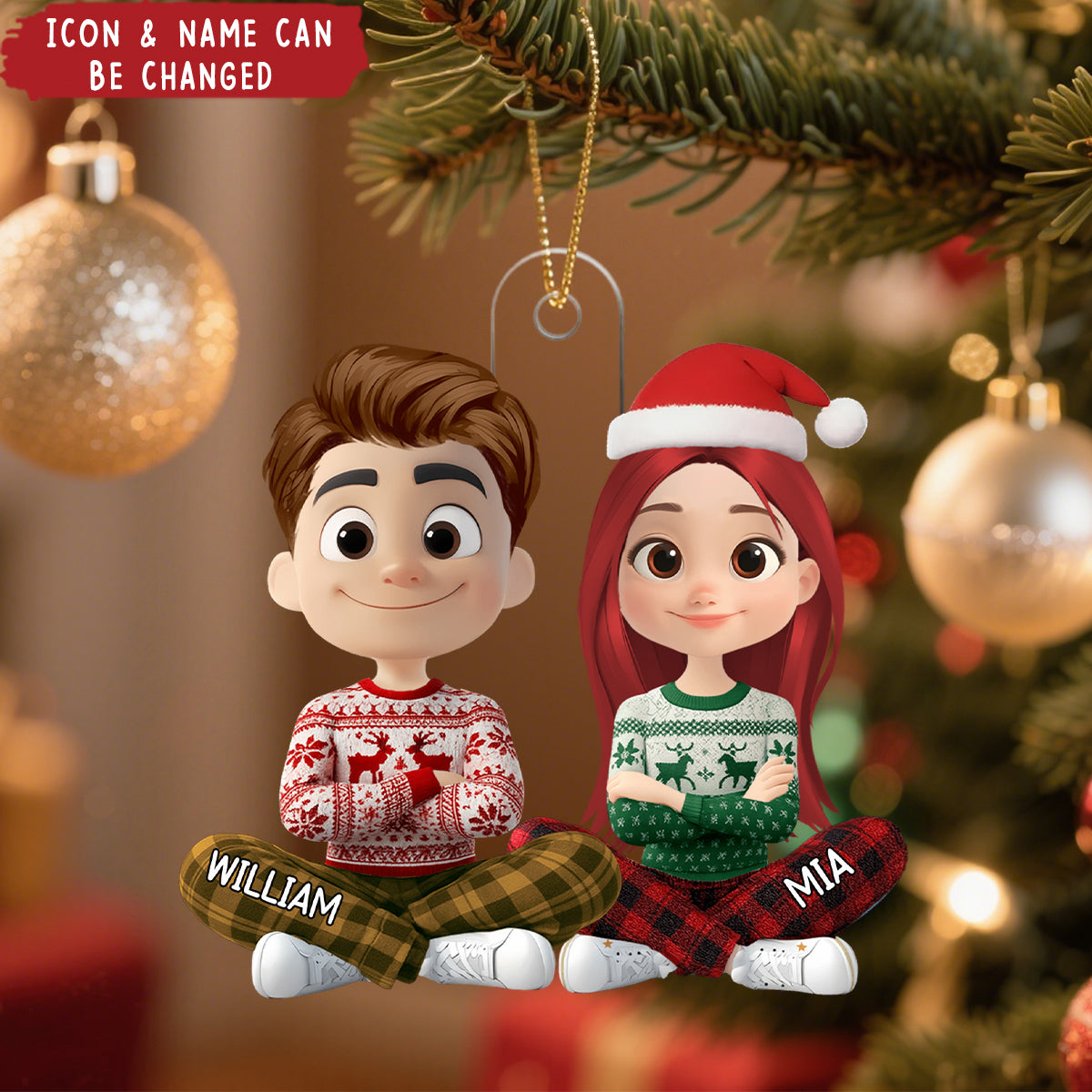 Personalized Cartoon Couple In Christmas Pajamas Acrylic Ornament - Perfect For Christmas Tree Decor Couple Keepsake Gift
