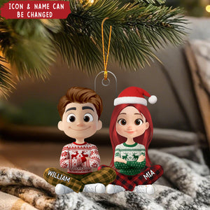 Personalized Cartoon Couple In Christmas Pajamas Acrylic Ornament - Perfect For Christmas Tree Decor Couple Keepsake Gift