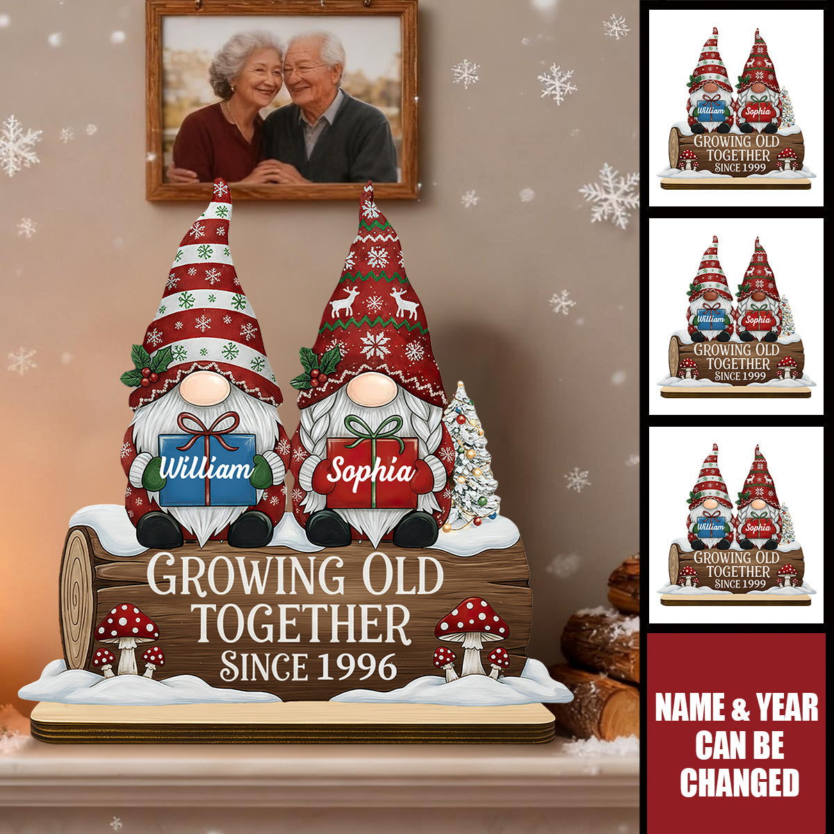 Personalized "Growing Old Together" Couple Gnome Wooden Plaque With Names & Year | Xmas Anniversary Gift For Couple