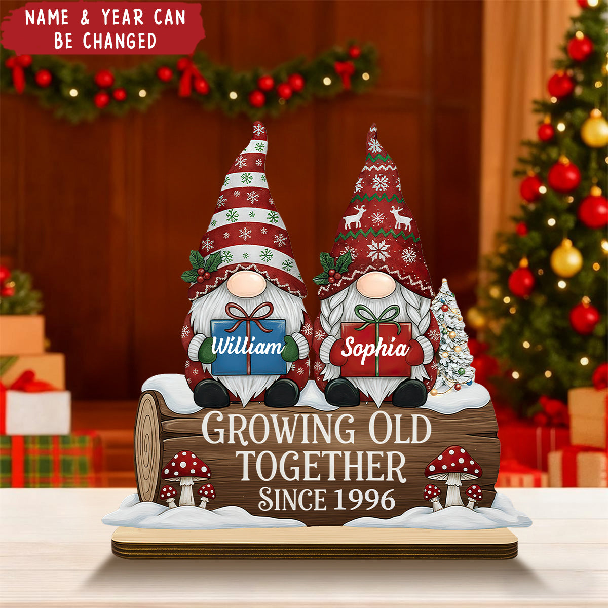 Personalized "Growing Old Together" Couple Gnome Wooden Plaque With Names & Year | Xmas Anniversary Gift For Couple