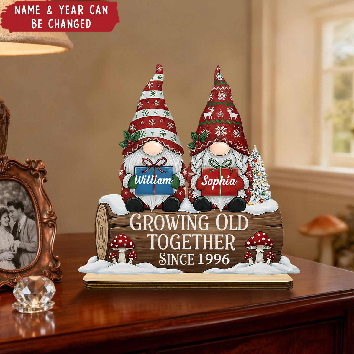 Personalized "Growing Old Together" Couple Gnome Wooden Plaque With Names & Year | Xmas Anniversary Gift For Couple