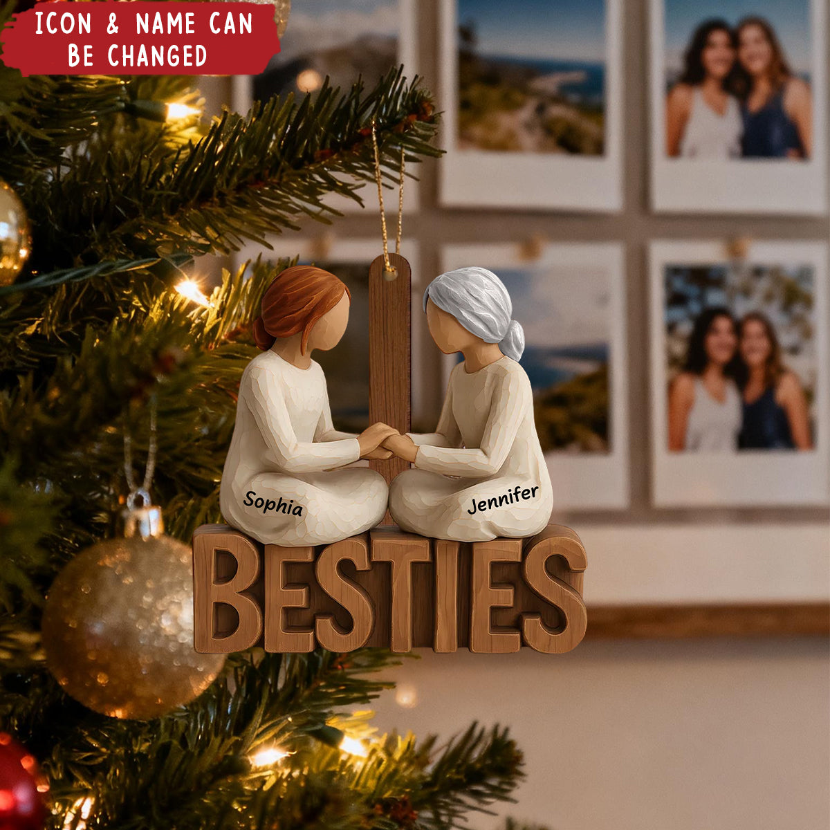 Personalized Wooden Xmas Besties Forever Together Ornament With Names & Hair Color | Unique Gift For Best Friend